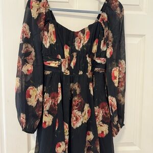 Black floral mini dress long sleeve